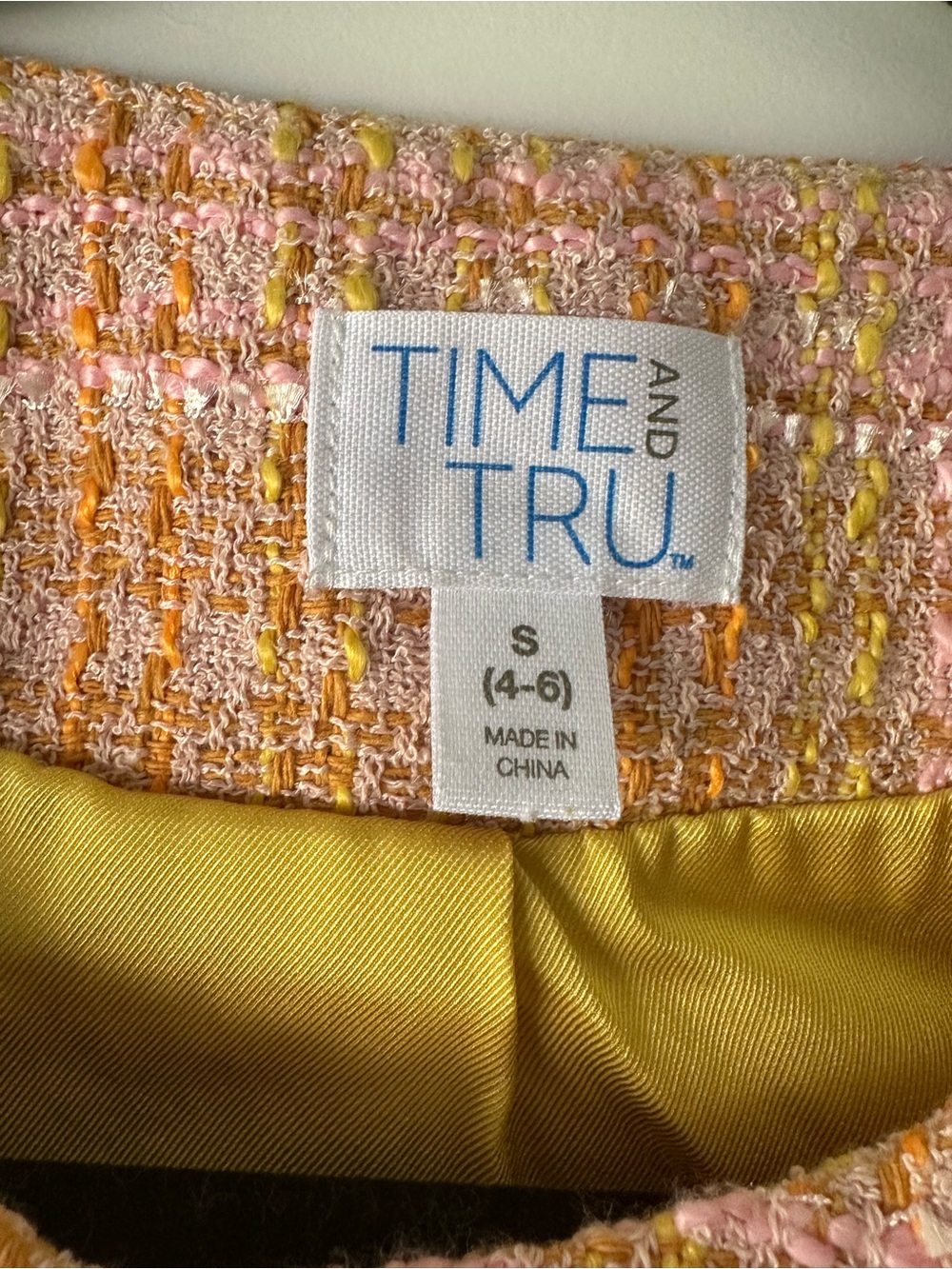 🌸 NWT Time & Tru Tweed Jacket Small Pink Yellow Plaid Cropped Blazer - Picture 6 of 13